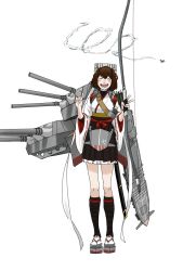 Rule 34 | 1girl, aircraft, arrow (projectile), bad id, bad twitter id, blush, bow (weapon), brown hair, closed eyes, flight deck, hair ribbon, highres, holding, holding bow (weapon), holding weapon, ise (kancolle), ise kai ni (kancolle), kantai collection, nontraditional miko, open mouth, ponytail, ribbon, ribbon-trimmed sleeves, ribbon trim, rigging, sheath, sheathed, simple background, skirt, smoke, solo, standing, sword, tsukatsuka, v, weapon, white background, wide sleeves