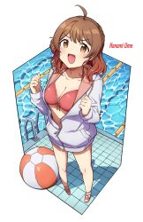 1girl absurdres ahoge beach_umbrella bikini breasts brown_hair character_name cleavage gakuen_idolmaster hair_bun hanami_ume highres idolmaster jacket jacket_over_swimsuit kimi_to_semi_blue_(idolmaster) large_breasts long_sleeves looking_at_viewer open_mouth partially_unzipped pool pool_ladder red_bikini sha_(siasha0104) single_side_bun smile solo standing stomach swimsuit umbrella water white_jacket