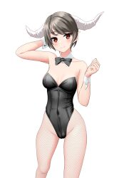 Rule 34 | 1girl, absurdres, animal ears, black bow, black bowtie, black hair, black leotard, bow, bowtie, breasts, collarbone, covered navel, cow horns, detached collar, feet out of frame, fishnet pantyhose, fishnets, groin, highleg, highleg leotard, highres, horns, leotard, medium breasts, nontraditional playboy bunny, original, pantyhose, rabbit ears, red eyes, short hair, simple background, solo, strapless, strapless leotard, takafumi, white background, wrist cuffs