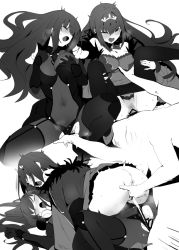 Rule 34 | 2girls, armor, ass, bar censor, bare shoulders, blush, bodysuit, grabbing another&#039;s breast, breast hold, breasts, censored, cleavage, closed eyes, covered navel, dress, dual persona, fate/grand order, fate (series), female ejaculation, ffm threesome, fingering, fur trim, grabbing, greyscale, group sex, hair between eyes, hetero, large breasts, long hair, lying, monochrome, multiple girls, on back, pantyhose, pauldrons, penis, pussy, scathach (fate), scathach skadi (fate), shoulder armor, simple background, spread legs, threesome, tiara, vaginal, white background, yd (orange maru)