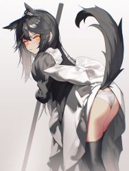 Rule 34 | 1girl, alternate costume, animal ear fluff, animal ears, arknights, ass, black dress, black thighhighs, blush, bow, butt crack, dress, enmaided, extra ears, from behind, grey background, highres, holding, holding stick, leaning forward, long hair, looking at viewer, looking back, maid, panties, sidelocks, simple background, solo, stick, tail, texas (arknights), thighhighs, underwear, veilrain, white bow, white panties, wolf ears, wolf girl, wolf tail, yellow eyes