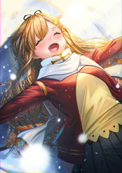Rule 34 | 1girl, ^ ^, black ribbon, black skirt, blonde hair, closed eyes, fang, hair flaps, hair ornament, hair ribbon, hairclip, jacket, kantai collection, long hair, long sleeves, open mouth, outstretched arms, pleated skirt, red jacket, ribbon, scarf, skirt, smile, solo, spread arms, unowen, white scarf, yuudachi (kancolle), yuudachi kai ni (kancolle)