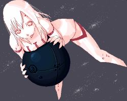 Rule 34 | 1girl, albino, ball, bent over, biomega, blank eyes, breast press, clothes writing, face, kanoe fuyu, looking at viewer, lowres, oomori harusame, red eyes, solo, spread legs, white hair