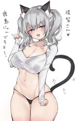 Rule 34 | 1girl, alternate costume, animal ears, black panties, blouse, blue eyes, breasts, cat ears, cat tail, chigasaki yukari, cleavage, commentary request, cowboy shot, highres, kantai collection, kashima (kancolle), large breasts, long hair, long sleeves, looking at viewer, no pants, panties, shirt, sidelocks, silver hair, solo, standing, tail, translation request, twintails, underwear, wavy hair, white shirt