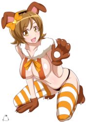 Rule 34 | 10s, 1girl, blush, breasts, brown eyes, brown hair, claws, cleavage, covered erect nipples, cure honey, eyelashes, fangs, full body, hair ornament, hair ribbon, hairband, happinesscharge precure!, happy, highres, jabara tornado, kneeling, large breasts, leaning forward, looking at viewer, navel, oomori yuuko, open mouth, precure, revealing clothes, ribbon, short hair, sideboob, simple background, smile, solo, striped clothes, striped thighhighs, thighhighs, weapon, white background