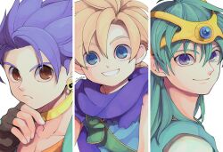 Rule 34 | 29qmatatavi, 3boys, blonde hair, blue eyes, blue gemstone, blue hair, blue tunic, brown eyes, cape, child, cloak, collarbone, commentary request, dragon quest, dragon quest iv, dragon quest v, dragon quest vi, earrings, gem, green hair, green tunic, headset, hero&#039;s son (dq5), hero (dq4), hero (dq6), jewelry, long hair, looking at viewer, low ponytail, male focus, medium hair, multiple boys, neck ring, parted lips, purple cape, purple cloak, smile, spiked hair, upper body
