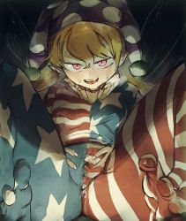 Rule 34 | 1girl, absurdres, american flag pants, american flag shirt, black background, blonde hair, blush, breasts, clownpiece, commentary request, fairy wings, fingernails, hair between eyes, hat, highres, jester cap, long fingernails, looking at viewer, nail polish, neck ruff, no shoes, open mouth, orange hair, pants, piaki, pink eyes, pointy ears, polka dot, pom pom (clothes), purple hat, shirt, short sleeves, simple background, sitting, small breasts, smile, solo, spread legs, spread pussy under clothes, star (symbol), star print, steam, striped clothes, striped pants, striped shirt, sweat, sweatdrop, teeth, tongue, touhou, white nails, wings