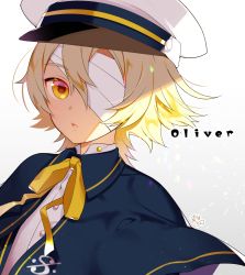 Rule 34 | 1boy, bandage over one eye, bandages, blonde hair, blush, capelet, character name, coat, eyepatch, hair between eyes, hat, highres, looking at viewer, male focus, marui shiro, oliver (vocaloid), open mouth, ribbon, sailor collar, sailor hat, shadow, shirt, signature, simple background, solo, vocaloid, white background, yellow eyes
