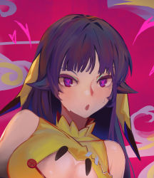 Rule 34 | 1girl, animal ears, bare shoulders, breasts, buttons, cleavage cutout, close-up, clothing cutout, creatures (company), cropped, game freak, gen 7 pokemon, godsh0t, heart, heart-shaped pupils, highres, large breasts, long hair, looking at viewer, lying, mimikyu, nintendo, on side, parted lips, personification, pink background, pokemon, purple eyes, purple hair, shirt, solo, sweat, symbol-shaped pupils, yellow shirt