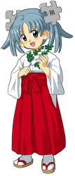 Rule 34 | 1girl, :d, alternate costume, blue eyes, blue hair, blush, child, full body, gohei, hair ornament, hakama, hakama skirt, happy, head tilt, highres, holding, japanese clothes, kasuga (kasuga39), leaf, long sleeves, looking at viewer, matching hair/eyes, miko, oonusa, open mouth, parted bangs, puzzle piece, red hakama, sandals, sash, short hair, short twintails, simple background, skirt, smile, solo, standing, tabi, tamagushi, twintails, white background, wide sleeves, wikipe-tan, wikipedia, zouri