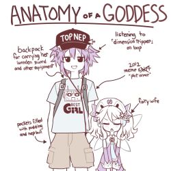 Rule 34 | 2girls, anatomy of a gamer (meme), anger vein, brown shorts, closed eyes, commentary, cowboy shot, d-pad, dress, endlesstsubaki, english commentary, english text, fairy wings, hair between eyes, hands in pockets, hat, height difference, highres, histoire, long hair, looking at viewer, meme, mini person, minigirl, multiple girls, nepgyaa, neptune (neptunia), neptune (series), open mouth, partially colored, peaked cap, purple dress, purple hair, shirt, short hair, short sleeves, shorts, simple background, standing, t-shirt, top nep hat, white background, wings