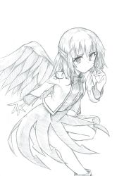 Rule 34 | 1girl, angel wings, blush, bow, bowtie, collar, collared shirt, commentary request, feathered wings, feet out of frame, graphite (medium), greyscale, highres, jacket, kishin sagume, long sleeves, looking at viewer, mahiro (akino-suisen), medium hair, monochrome, one-hour drawing challenge, open clothes, open jacket, shirt, single wing, skirt, skirt set, solo, touhou, traditional media, wings