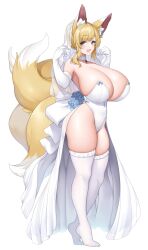 Rule 34 | 1girl, absurdres, animal ear fluff, animal ears, blonde hair, blue eyes, blush, bow, breasts, bridal veil, choker, cleavage, curvy, dress, elbow gloves, eyebrows hidden by hair, flower, fluffy, fox ears, fox girl, fox tail, frills, gloves, hair bun, happy, highres, huge breasts, kitsune, kyuubi, leotard, looking at viewer, medium hair, multiple tails, open mouth, original, shiny clothes, shiny skin, sidelocks, smile, solo, standing, suruga (xsurugax), tail, thick thighs, thighhighs, thighs, veil, wedding dress, white background, white gloves, wide hips