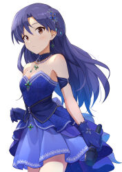 Rule 34 | 1girl, absurdres, blue choker, blue dress, blue gloves, blue hair, breasts, brown eyes, choker, cleavage, closed mouth, collarbone, cowboy shot, dress, earrings, gloves, hair ornament, highres, holding, holding microphone, idolmaster, idolmaster (classic), idolmaster million live!, idolmaster million live! theater days, jewelry, kisaragi chihaya, long hair, microphone, necklace, shuucream (syuichi), small breasts, solo, strapless, strapless dress, white background