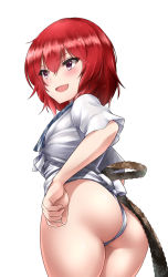 Rule 34 | 1girl, ass, blouse, brown eyes, brown hair, commentary request, cowboy shot, from side, fundoshi, hair between eyes, hand on own hip, highres, idolmaster, idolmaster cinderella girls, japanese clothes, legs together, mizu happi, murakami tomoe, open mouth, parted bangs, shirt, short hair, simple background, smile, solo, standing, tango (tn500), thighs, v-shaped eyebrows, white background, white shirt