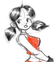 Rule 34 | 1girl, black gloves, black hair, breasts, erik96, gloves, long hair, looking back, low twintails, medium breasts, midriff, open mouth, partially colored, red shirt, red skirt, shirt, sketch, skirt, smile, solo, standing, tank top, twintails, upper body