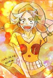 Rule 34 | 1boy, artist name, commentary request, dated, furol nicoco, hand on headwear, hat, highres, looking at viewer, male focus, monkey d. luffy, one piece, one piece: strong world, open mouth, orange theme, scar, scar on face, shirt, short hair, shorts, sitting, solo, straw hat, t-shirt