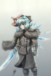 Rule 34 | a song of ice and fire, blue eyes, blue hair, bow, cape, cirno, coat, crossover, game of thrones, gloves, highres, holding, holding weapon, isaki tanaka, mask, solo, sword, tengu mask, touhou, weapon