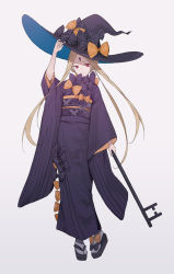 Rule 34 | 1girl, abigail williams (fate), abigail williams (second ascension) (fate), black bow, black hat, black kimono, blonde hair, bow, commentary request, fate/grand order, fate (series), full body, gradient background, grey background, hat, highres, japanese clothes, keyhole, kimono, long hair, looking at viewer, obi, orange bow, ovonkmr, polka dot, polka dot bow, red eyes, sash, solo, tabi, witch hat