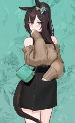 Rule 34 | 1girl, animal ears, bare shoulders, black skirt, blush, breasts, brown hair, brown sweater, hayabusa, highres, horse ears, horse girl, horse tail, large breasts, long hair, long sleeves, looking at viewer, off-shoulder sweater, off shoulder, ponytail, purple eyes, sidelocks, skirt, solo, sweater, tail, thighs