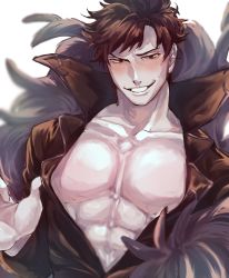Rule 34 | 1boy, abs, belial (granblue fantasy), black hair, feather boa, granblue fantasy, grin, high collar, highres, male focus, pectoral cleavage, pectorals, popped collar, red eyes, simple background, smile, solo, stomach, sweat, white background