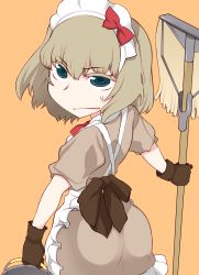 Rule 34 | 10s, 1girl, absurdres, alternate costume, apron, artist name, black gloves, blonde hair, blue eyes, bow, broom, brown bow, brown dress, bucket, commentary, dated, dress, enmaided, frilled dress, frills, from behind, frown, girls und panzer, gloves, highres, holding, holding broom, holding bucket, katyusha (girls und panzer), large bow, looking at viewer, looking back, maid, maid apron, maid headdress, medium dress, orange background, parted lips, puffy short sleeves, puffy sleeves, red bow, shiroobi (whitebeltmaster), short hair, short sleeves, simple background, solo, standing, sweatdrop, watermark, white apron