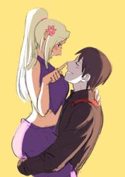 Rule 34 | 1boy, 1girl, absurdres, ass, ass grab, black hair, blonde hair, blue eyes, blush, boruto: naruto next generations, carrying, closed eyes, couple, curvy, family, flower, flower on head, hair over one eye, highres, holding, huge ass, hugging each other, husband and wife, lipstick, makeup, mature female, monday mint, naruto, naruto (series), pointing, ponytail, sai, smile, yamanaka ino