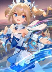 Rule 34 | 1girl, ainy, armpits, barbara (genshin impact), bare shoulders, blonde hair, blue bow, blue eyes, blue gemstone, blue hat, blurry, blurry background, blush, book, bow, breasts, detached collar, detached sleeves, dress, evening, gem, genshin impact, gradient sky, hair between eyes, hair ornament, hands up, hat, house, long hair, long sleeves, looking at viewer, medium breasts, open mouth, outdoors, pantyhose, pink sky, purple sky, sky, smile, solo, standing, town, twintails, two-tone bow, vision (genshin impact), white dress, white hat, white pantyhose