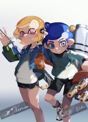 Rule 34 | 1boy, 1girl, :3, afro, black shorts, blonde hair, blue eyes, blue hair, blue jacket, closed mouth, cross-laced footwear, dolphin shorts, e-liter 4k (splatoon), earrings, gradient background, grey background, gun, holding, holding gun, holding weapon, hydra splatling (splatoon), inkling, inkling girl, inkling player character, jacket, jewelry, medium hair, nintendo, octoling, octoling boy, octoling player character, open clothes, open jacket, pink eyes, pointy ears, polero light, shirt, shoes, short eyebrows, short hair, shorts, simple background, smile, splatoon (series), splatoon 3, standing, standing on one leg, teeth, tentacle hair, thick eyebrows, weapon, white shirt, yellow trim