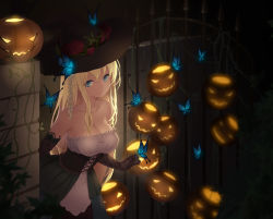 Rule 34 | 10s, 1girl, bare shoulders, black gloves, blonde hair, blue eyes, blush, boku wa tomodachi ga sukunai, breasts, bug, butterfly, cait aron, cleavage, elbow gloves, female focus, gloves, halloween, hat, highres, bug, jack-o&#039;-lantern, kashiwazaki sena, large breasts, long hair, looking at viewer, smile, solo, witch hat