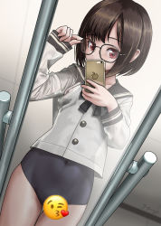 Rule 34 | 1girl, absurdres, apple inc., black hair, black neckerchief, black one-piece swimsuit, black sailor collar, cellphone, censored, commentary request, covered navel, cowboy shot, emoji, emoji censor, glasses, highres, holding, holding phone, iphone, long sleeves, looking at viewer, mirror, navel, neckerchief, novelty censor, one-piece swimsuit, original, phone, reflection, rohitsuka, sailor collar, school swimsuit, school uniform, selfie, serafuku, short hair, smartphone, solo, swimsuit, swimsuit under clothes, taking picture, thigh gap