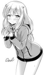 Rule 34 | 1girl, artist name, blush, bow, cowboy shot, embarrassed, eromanga sensei, frown, greyscale, hair bow, hood, hood down, hoodie, izumi sagiri, leaning forward, long hair, long sleeves, looking at viewer, monochrome, naked hoodie, noise (tsuzuki), own hands together, signature, simple background, solo, sweatdrop, wavy mouth, white background