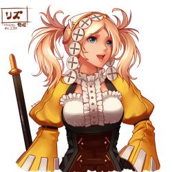 Rule 34 | 1girl, :d, blonde hair, blue eyes, corset, dated, fire emblem, fire emblem awakening, frills, headpiece, lips, lissa (fire emblem), long sleeves, looking up, nintendo, open mouth, polearm, puffy long sleeves, puffy sleeves, short twintails, simple background, smile, solo, tildeed, twintails, upper body, weapon, white background