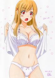 Rule 34 | 10s, 1girl, artist name, blonde hair, blush, body switch, bow, bow bra, bow panties, bra, breasts, cleavage, dated, derivative work, dress shirt, hair ornament, hairclip, highres, lace, lace-trimmed bra, lace trim, long hair, marker (medium), no pants, open clothes, open mouth, open shirt, panties, personality switch, potekite, red eyes, shiraishi urara, shirt, signature, sketch, solo, traditional media, underwear, undressing, white bra, white panties, white shirt, yamada-kun to 7-nin no majo