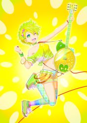 Rule 34 | 1girl, absurdres, akahige, belt, blonde hair, bracelet, c.c. lemon, c.c. lemon (character), gradient hair, green eyes, highres, jewelry, midriff, multicolored hair, navel, one eye closed, open fly, open mouth, original, shirt, shoes, short hair, short shorts, shorts, sneakers, solo, thighhighs, tied shirt, unzipped