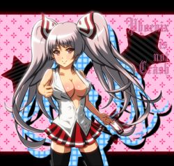 Rule 34 | 1girl, adapted costume, alternate costume, alternate hairstyle, bad id, bad pixiv id, black thighhighs, blush, body blush, breasts, cleavage, collarbone, female focus, finger gun, fujiwara no mokou, hair ribbon, large breasts, letterboxed, long hair, looking at viewer, midriff, miniskirt, no bra, open clothes, open shirt, pink background, pleated skirt, red eyes, red skirt, ribbon, shiny skin, shirohebi shinpu, shirt, silver hair, skirt, sleeveless, sleeveless shirt, smile, solo, spell card, standing, straight hair, striped clothes, striped skirt, thighhighs, touhou, twintails, zettai ryouiki