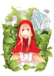 Rule 34 | 1girl, bad id, bad pixiv id, big bad wolf, blonde hair, cape, capelet, chimney, dress, forest, gloves, hobak, hood, house, leaf, little red riding hood, little red riding hood (grimm), nature, pink dress, red cape, red eyes, solo, white gloves, wolf