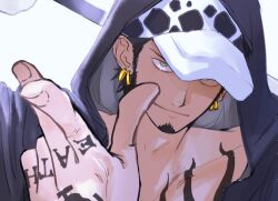 Rule 34 | 1boy, ani3nrtm, arm up, black hair, black jacket, earrings, facial hair, grey eyes, hand tattoo, hand up, hat, hat under hood, hood, hood up, jacket, jewelry, looking at viewer, male focus, one piece, open clothes, open jacket, short hair, smile, solo, spots, sword, tattoo, trafalgar law, weapon, white background