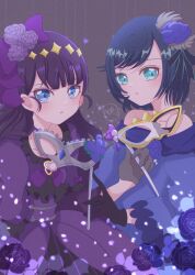 Rule 34 | 2girls, aqua eyes, artist name, black gloves, black hair, blue dress, blue eyes, blue flower, blue hair, blue rose, bow, delicious party precure, dress, flower, fuwa kokone, gloves, grey gloves, hair bow, hair flower, hair ornament, halloween, halloween costume, highres, holding, holding mask, kasai amane, long hair, long sleeves, looking at viewer, mask, masquerade mask, multiple girls, noacure f, off-shoulder dress, off shoulder, parted lips, precure, purple bow, purple dress, rose, signature, standing, unworn mask