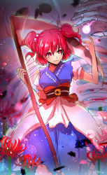 Rule 34 | 1girl, absurdres, artist name, blue kimono, coin, coin on string, commentary request, ekisutora, flower, hair between eyes, hair bobbles, hair ornament, highres, hitodama, holding, holding scythe, holed coin, japanese clothes, kimono, obi, one-hour drawing challenge, onozuka komachi, puffy short sleeves, puffy sleeves, red eyes, red hair, sash, scythe, short hair, short sleeves, skeleton, smile, solo, spider lily, touhou, two side up