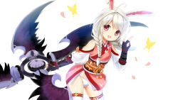 Rule 34 | 1girl, animal ears, artist request, braid, bug, butterfly, cherry blossoms, elin, fingerless gloves, gloves, highres, holding, huge weapon, insect, japanese clothes, kimono, leaning forward, long hair, ninja, no pants, obi, open clothes, open kimono, open mouth, panties, petals, rabbit ears, rabbit tail, sash, short kimono, short yukata, shuriken, silver hair, smile, solo, tail, tera online, thighhighs, twin braids, twintails, underwear, weapon, white panties, white thighhighs, yukata