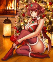 Rule 34 | 1girl, alternate costume, breasts, chest jewel, christmas, gem, hybridmink, large breasts, legs, pyra (xenoblade), red eyes, red hair, red thighhighs, short hair, solo, swept bangs, thighhighs, tiara, xenoblade chronicles (series), xenoblade chronicles 2