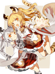 Rule 34 | 2girls, animal ears, animal hands, bai (granblue fantasy), bare shoulders, bell, blonde hair, bow, bowtie, closed mouth, cyenmi3, dated, detached sleeves, dress, gloves, granblue fantasy, grey hair, highres, huang (granblue fantasy), looking at viewer, medium hair, multiple girls, neck bell, neck hair, open mouth, orange eyes, paw gloves, paw shoes, sleeveless, sleeveless dress, smile, tail, tiger ears, tiger girl, tiger tail, twintails, twitter username