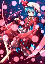 Rule 34 | 1girl, barefoot, bat wings, bloomers, blue hair, blush, curtsey, fang, flat chest, hat, highres, long sleeves, puffy long sleeves, puffy sleeves, red eyes, red skirt, remilia scarlet, samuimu, short hair, skirt, skirt set, solo, toes, touhou, underwear, wings