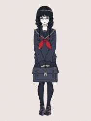 Rule 34 | 1girl, :d, amemori sayo, arm at side, bag, black eyes, black footwear, black hair, black pantyhose, black sailor collar, black shirt, book, braid, full body, glasses, hair over shoulder, highres, holding, holding bag, loafers, long hair, long sleeves, looking at viewer, low twin braids, neckerchief, nijisanji, nkymyura, open mouth, own hands together, pantyhose, red neckerchief, sailor collar, school bag, semi-rimless eyewear, shirt, shoes, simple background, smile, solo, straight-on, twin braids, virtual youtuber, white background