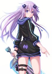 Rule 34 | 10s, 1girl, :o, adult neptune, blush, character name, d-pad, english text, from behind, hair ornament, highres, holding, hood, hooded track jacket, jacket, kazenokaze, long hair, looking at viewer, looking back, neptune (neptunia), neptune (series), purple eyes, purple hair, shin jigen game neptune vii, simple background, solo, sword, thigh strap, track jacket, v, weapon, white background