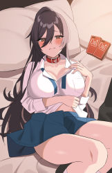 Rule 34 | 1girl, bed, black hair, blush, breasts, cleavage, collar, condom box, from above, green necktie, green skirt, high ponytail, highres, idolmaster, idolmaster shiny colors, large breasts, looking at viewer, loose necktie, lying, miniskirt, necktie, okamoto condoms, on back, pillow, pleated skirt, ponytail, school uniform, shirase sakuya, skirt, thighs, yellow eyes, za yu a