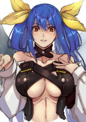 Rule 34 | 1girl, asymmetrical wings, belt, black legwear, black panties, blue hair, blush, boots, breasts, choker, cleavage, collarbone, detached sleeves, dizzy (guilty gear), guilty gear, guilty gear x, guilty gear xx, hair between eyes, hair ribbon, hair rings, hand on own chest, large breasts, long hair, long sleeves, midriff, navel, open mouth, panties, puffy long sleeves, puffy sleeves, red eyes, ribbon, simple background, solo, stomach, twintails, underboob, underwear, upper body, white background, wings, yasunososaku, yellow ribbon