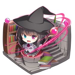 Rule 34 | 1girl, :d, absurdres, barefoot, black cape, black hair, black hat, black skirt, blue eyes, blush, book, bookshelf, bow, cape, chibi, collared shirt, commentary request, commission, dress shirt, grey shirt, hat, heterochromia, highres, holding, holding staff, long hair, long sleeves, looking at viewer, magic circle, open mouth, orb, original, pixiv commission, purple eyes, red bow, shirt, simple background, skirt, smile, solo, staff, stairs, standing, stone stairs, transparent background, very long hair, white background, wide sleeves, witch, witch hat, yuuji (yukimimi)