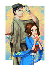 Rule 34 | 1boy, 1girl, alternate costume, beige kimono, black hair, blue eyes, blue kimono, braid, brown hair, commentary, cowboy shot, fate/grand order, fate (series), floral print, from side, gloves, hair ornament, hair ribbon, hat, holding, japanese clothes, kimono, leonardo da vinci (fate), leonardo da vinci (rider) (fate), long sleeves, looking at viewer, plate, ribbon, scrunchie, sherlock holmes (fate), smile, tooaya, white gloves, wide sleeves